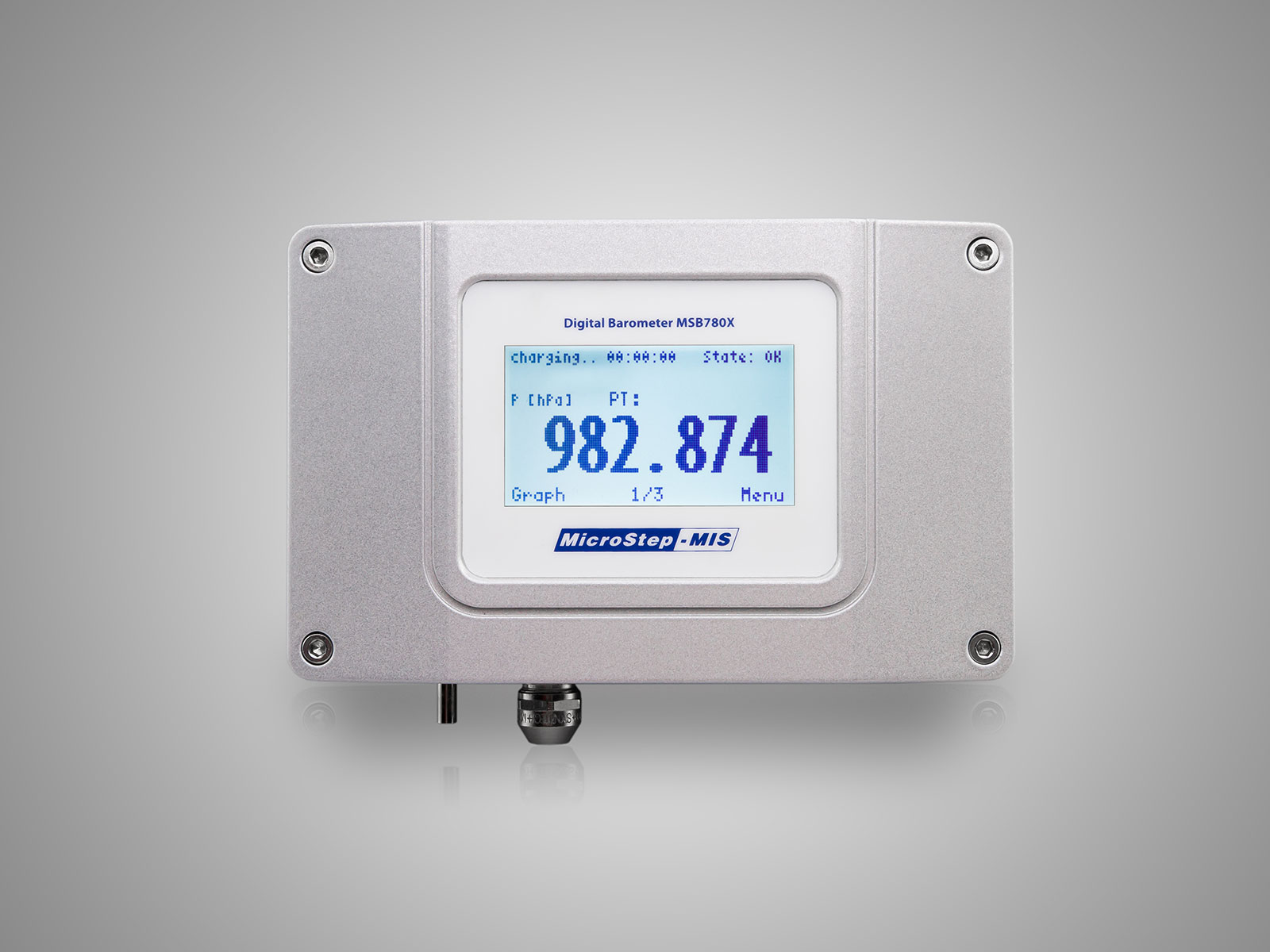 MicroStep-MIS | Front view of the digital barometer MSB780X with the display on